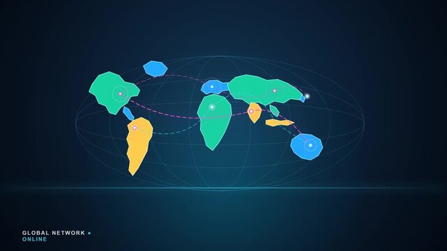 A stylized world map featuring interconnected global network nodes and dashed lines on a dark background, with "GLOBAL NETWORK ONLINE" text below.