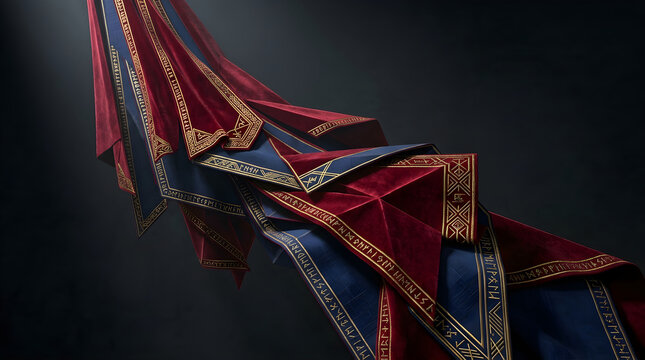 Velvet red and blue banners with gold runic embroidery floating in dark space for fantasy cinematic backgrounds.
