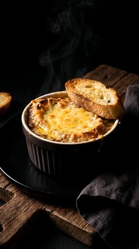 French onion soup with melted cheese crust and toasted bread on ramekin