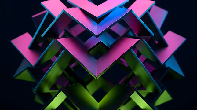 Intricate geometric sphere composed of interlocking neon purple and green chevron beams for futuristic branding.