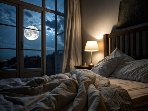 sleep, bedroom, moon, in the window, full moon