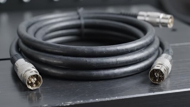 Coiled black technical cable with metal connectors on dark surface