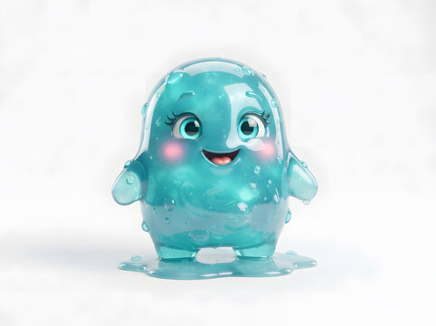 Cute turquoise slime monster character smiling isolated on white background for games or apps