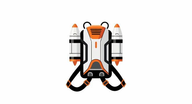 A compact, futuristic jetpack with streamlined thrusters and ergonomic straps. Orange and black accents on white. minimalist flat vector artwork, clipart style, absolute solid block colors,
