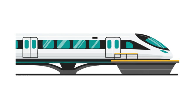 A sharp profile of a sleek magnetic levitation train docked at a floating platform. White train body, teal glass windows, black magnetic rail system. minimalist flat vector artwork, clipart