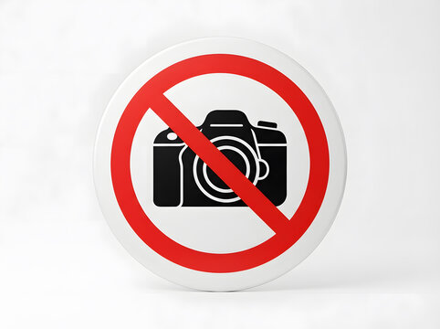 No photography sign with red circle and camera icon on white background for rules and restrictions