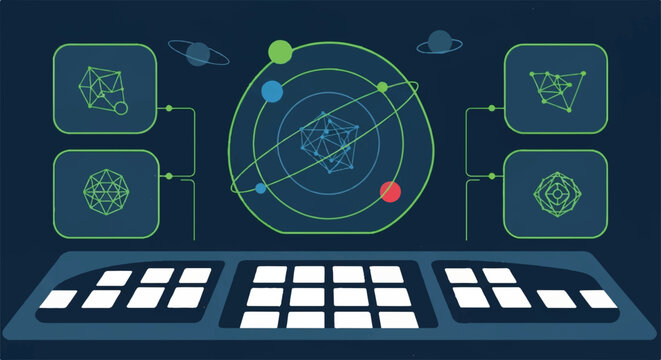 A futuristic control console displaying geometric holographic icons and planetary orbits. Dark blue background, lime green interface lines, white textless buttons. minimalist flat vector
