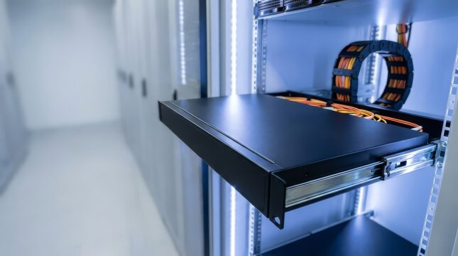 Open sliding server rack tray with cable management track in data center