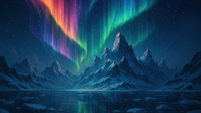 Vibrant aurora over icy mountains desktop wallpaper