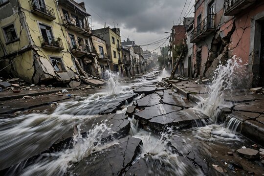 Devastating natural disaster scene showing cracked city street with gushing flood water and heavily damaged leaning buildings under a dark stormy sky