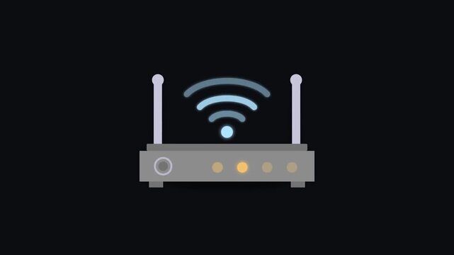 Animation of a modern wireless internet router with dual antennas and pulsing Wi-Fi signal indicator on a black background