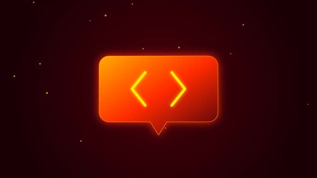 Glowing Neon Orange Coding Brackets Symbol Inside a Speech Bubble for Software Development and IT