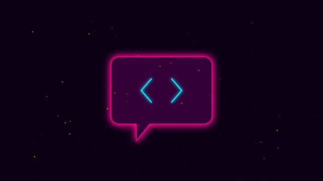 Neon code tag in speech bubble with synthwave grid background