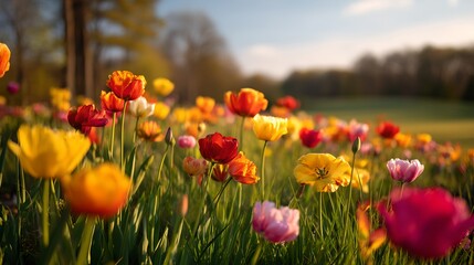Obraz premium A vibrant field bursting with colorful tulips in full bloom, set against a soft green meadow and a clear blue sky