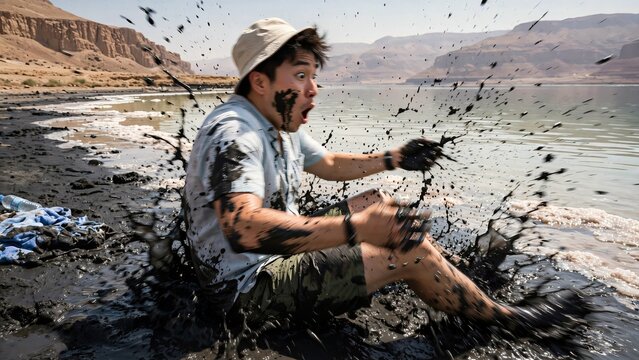Asian man with a surprised expression falling backward into thick black mud creating a large splash on the shore of a mineral lake with rocky hills in the background