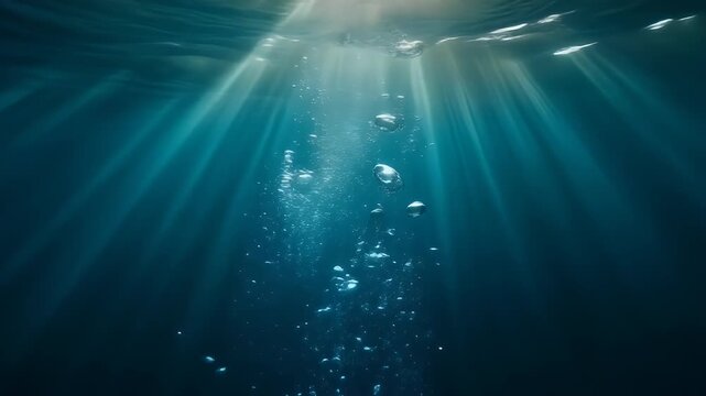 Underwater view of sunbeams piercing the ocean surface, illuminating rising bubbles.