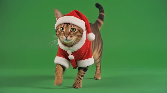 A Bengal cat dressed as Santa Claus walks across a green screen.