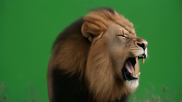 A triptych showcasing a male lion with a prominent mane roaring with its mouth wide open against a green backdrop, captured from different angles.