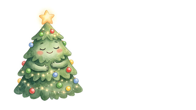 An irresistibly goofy cartoon Christmas tree with wild sparkling eyes, enormous crooked grin, puffed cheeks, tiny arms flailing in different directions, colorful ornaments tilted playfully, 