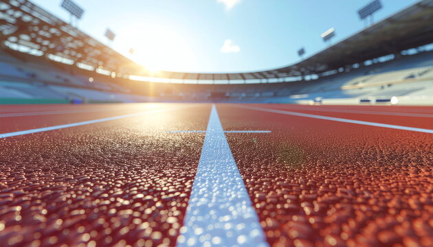 Running track in a stadium with sun flare and blue sky, low angle view of athletic field
