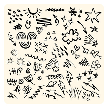 Cute Hand Drawn Doodles and Scribble Symbols Collection Line Art Elements
