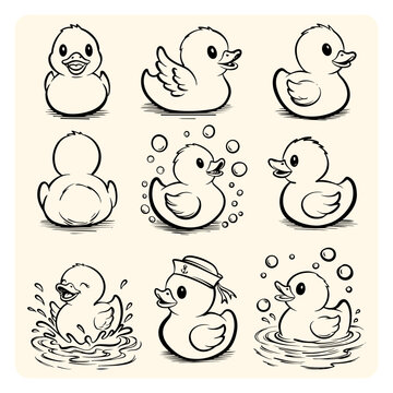 Cute Baby Duck Set Line Art Illustration