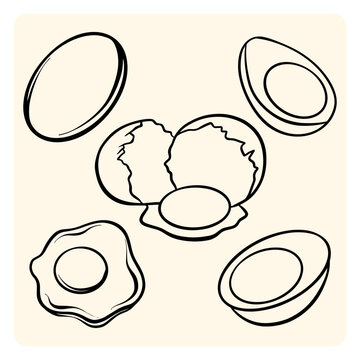 Fresh Eggs Collection Boiled Fried Cracked Shells Hand Drawn Set
