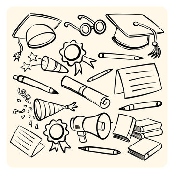 Graduation and Education Elements Set Toga Cap Diploma and Books Line Art