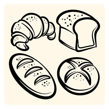 Hand Drawn Bakery Set with Bread Croissant and Bun Line Art Illustration