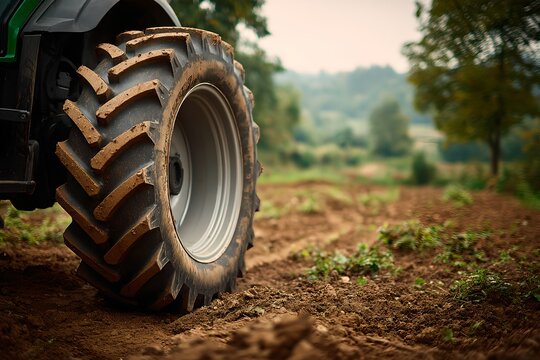 Close-up of a tractor tire in a muddy field, with the tread imprinted on the wet earth and trees in the background. The tire's robust design suggests power and durability for agricultural work