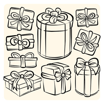 Hand Drawn Gift Box Set with Ribbon Bows Celebration Line Art Illustration