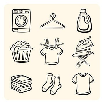 Laundry Day Elements Set Washing Machine Iron and Clothing Line Art Sketch