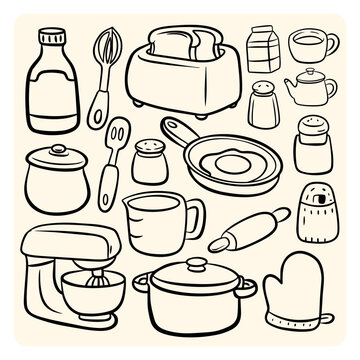 Kitchen Utensils and Baking Equipment Set Line Art Doodle