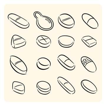 Medical Pills Capsules and Tablets Line Art Pattern Set
