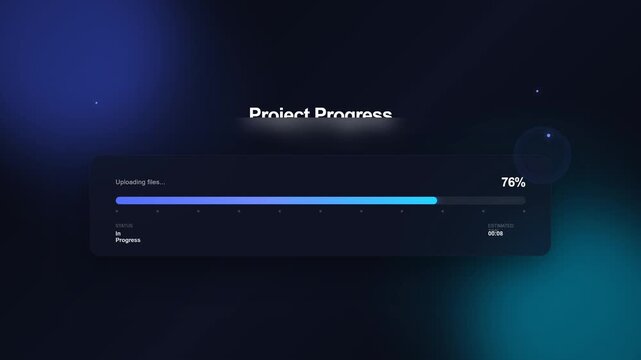 A digital interface shows "Project Progress" with an "Uploading files" status bar at 54% completion and an estimated time remaining of 00:08.