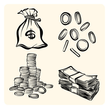 Money Finance Stacked Coins and Cash Line Art Set