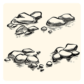 Natural Stones Rocks and Pebbles Set Hand Drawn Line Art