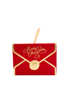 Fuji, Shizuoka, Japan - November 14, 2024: An Amazon gift card in a decorative red "Merry Christmas" envelope on a white background. Vertical shot.