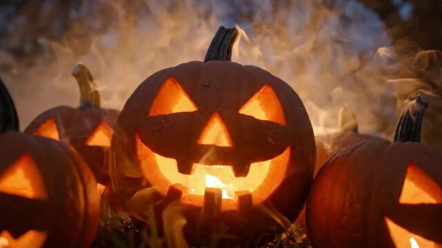 Zoom into glowing Halloween jack o lanterns in smoky night forest