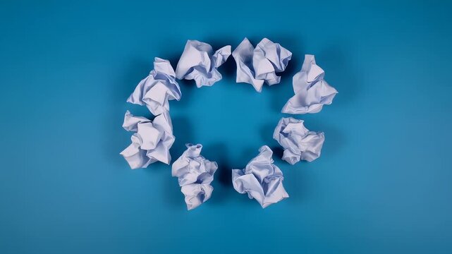A collage of four panels, each showcasing a collection of crumpled white paper balls scattered across a vibrant blue background.