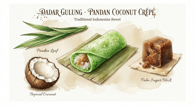 Traditional Indonesian dadar gulung pandan coconut crepe illustration with ingredients including pandan leaf, tropical coconut, and palm sugar block watercolor infographic vector.
