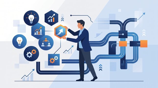 Business professional connecting data and strategic icons in digital information flow with business strategy technology information analysis management corporate innovation professional