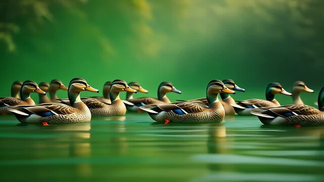 A large group of mallard ducks swims in a line on calm green water.
