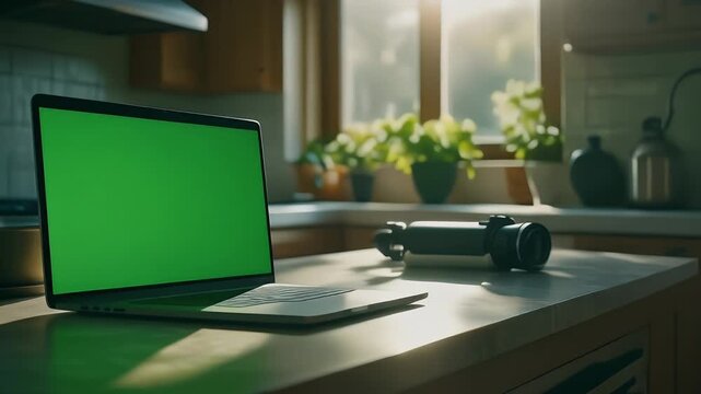 A laptop with a green screen sits on a wooden desk next to a camera lens, with potted plants visible through a window in the background.