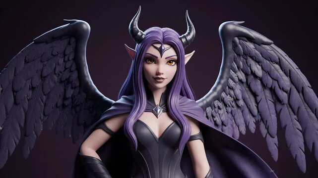 Succubus fantasy character Lilith with purple hair and black feathered wings