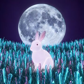Glowing White Rabbit in Neon Crystal Field under Full Moon for Futuristic Tsukimi Illustration