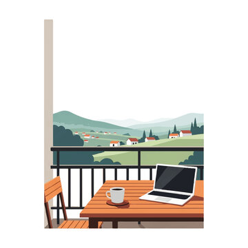 A minimalist veranda with a wooden table, a mug of coffee, and a laptop, looking out over a valley with a small village in the distance, minimalist flat vector artwork, clipart style, absolute