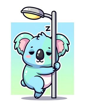 Cute sleepy koala hugging a lamppost.