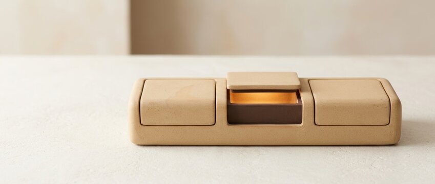 Minimal three compartment access control block with center permission section open and warm glow, neutral ceramic report cover background with copy space
