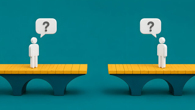 Conceptual illustration of two people standing on separated bridge segments